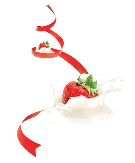 Strawberries falling into cream or milk and splashing with a red ribbon