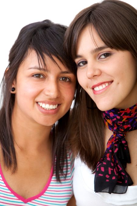 happy female friends smiling isolated over white
