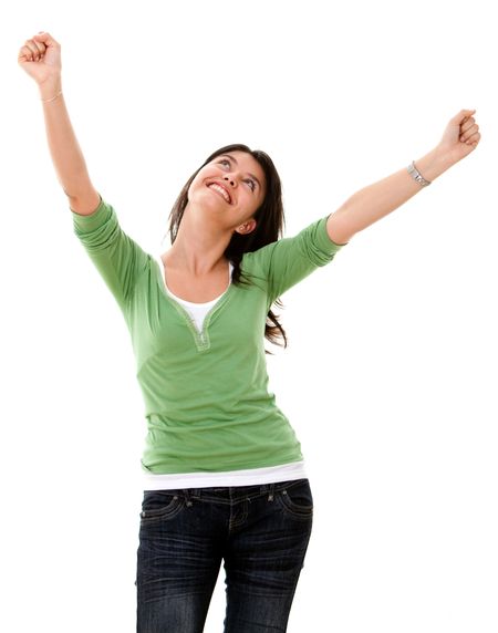 successful girl looking happy with her arms up isolated