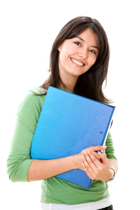 Beautiful female student with a notebook isolated