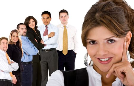 business woman leading her team isolated over white