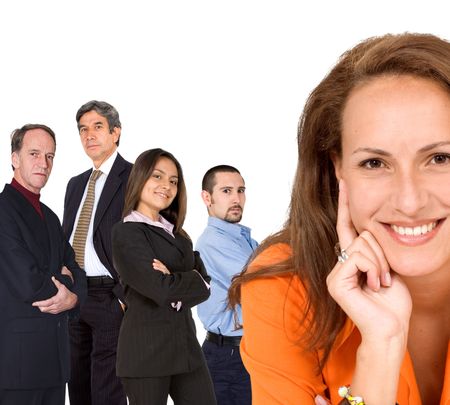 business woman portrait with her team behind isolated