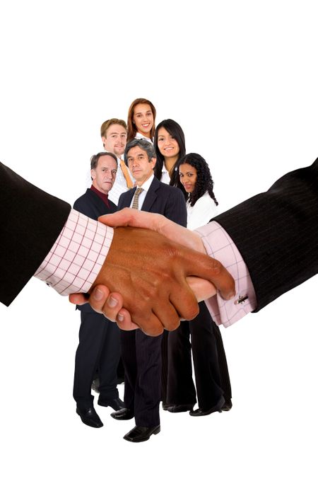 Business handshake in a corporate environment isolated