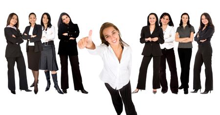 businesswoman with thumbs up and her team behind her isolated