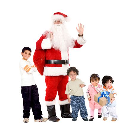 santa standing with gift sack and some children isolated