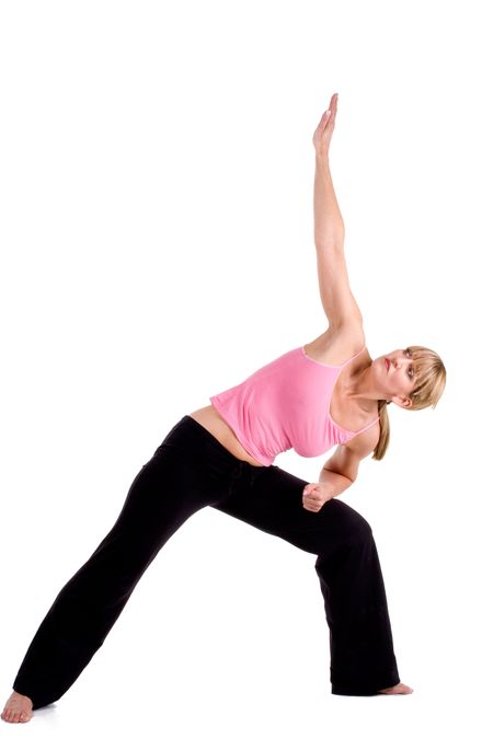 Woman doing yoga on white background