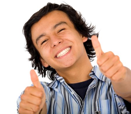 happy guy with a big smile doing the thumbs up - isolated over a white background