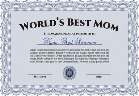 World's Best Mom Award. With guilloche pattern and background. Vector illustration.Good design. 