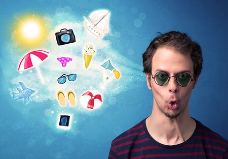 Happy joyful man with sunglasses looking at summer icons and symbols concept