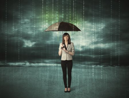 Business woman standing with umbrella data protection concept on background