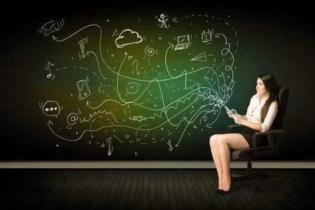 Businesswoman sitting in chair holding tablet with media icons concept on background
