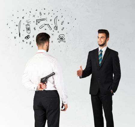 Ruthless businessman handshake with hiding a weapon and weapon symbols around his head