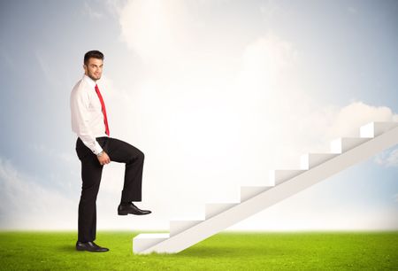Business person climbing up on white staircase in nature background concept