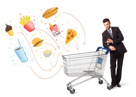 Businessman pushing a shopping cart and toxic junk food and cigarettes coming out of it