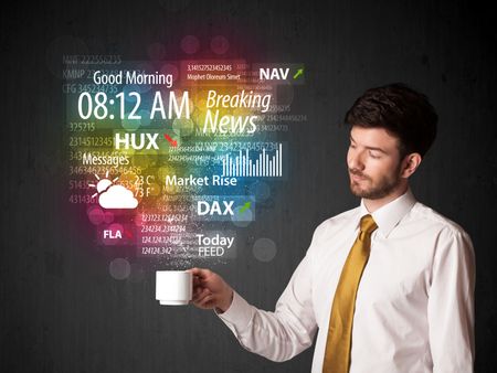 Businessman standing and holding a white cup with daily news and information coming out of the cup