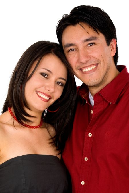 Happy brother and sister portrait smiling - isolated over a white background