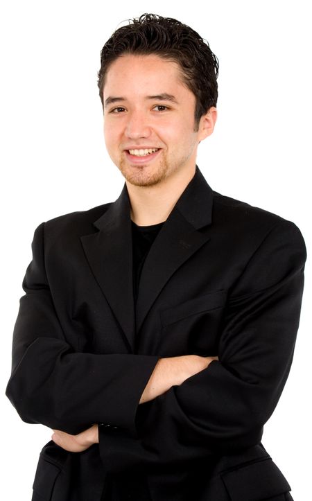 smart young man portrait - smiling over a white background