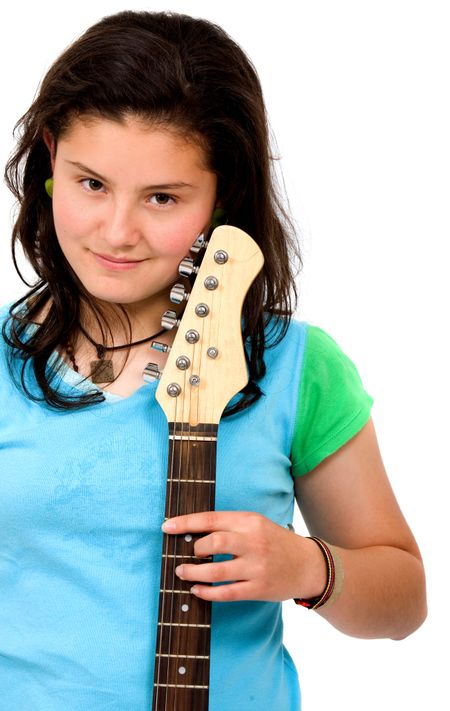 teenage girl with her electric guitar - isolated over a white background