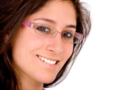 business woman portrait where she is smiling and wearing glasses
