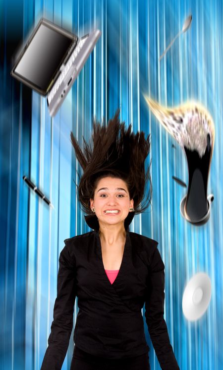 business woman falling down with her office objects in a corporate environment
