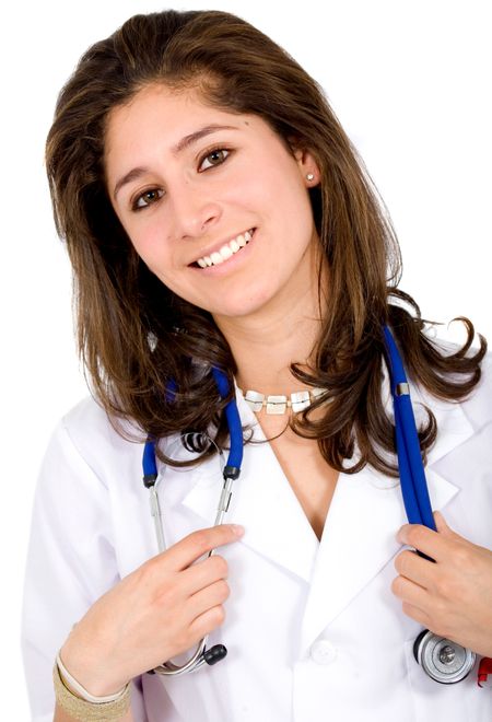 friendly female doctor smiling - portrait isolated over a white background