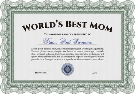 Award: Best Mom in the world. Border, frame.With guilloche pattern and background. Retro design. 