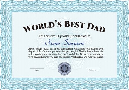 World's Best Father Award Template. Superior design. With guilloche pattern and background. Detailed.