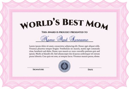 Best Mom Award Template. Customizable, Easy to edit and change colors.With guilloche pattern and background. Beauty design. 