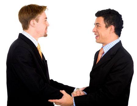 business partners deal - smiling over a white background