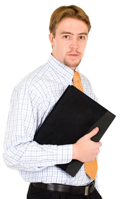confident business man portrait with a folder - isolated over a white background