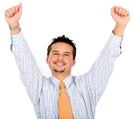 successful business man smiling with arms up - isolated over a white background