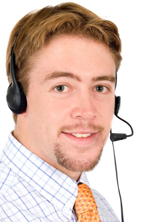 customer service man smiling and wearing a headset - isolated over a white background