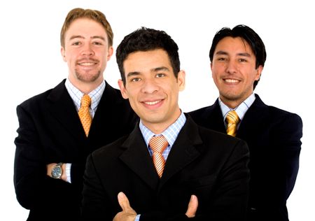 Business office teamwork where there are only men - all smiling - isolated over a white background