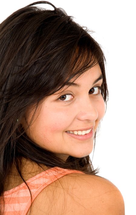 fashion woman portrait where she is smiling and wearing orange clothes - isolated over a white background