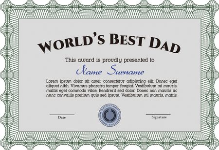 World's Best Dad Award Template. Complex design. Border, frame.With guilloche pattern and background. 