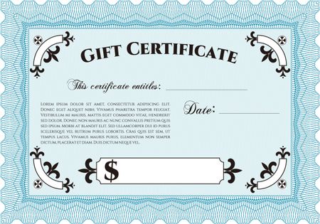 Modern gift certificate. Detailed.Nice design. With guilloche pattern and background. 