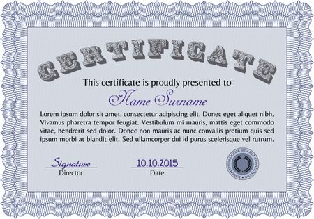 Certificate template or diploma template. Diploma of completion.Beauty design. With complex background.