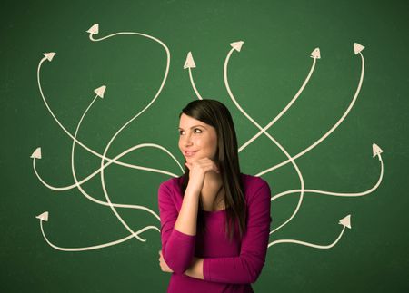 Young student with thoughtful expression with tangled arrows coming out of her back