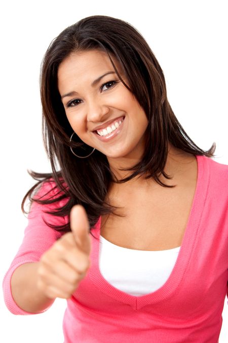 Beautiful casual woman with thumbs up isolated