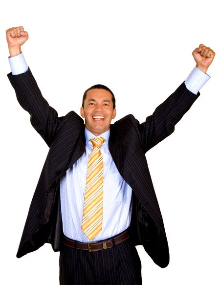 Business man looking very happy with his success - isolated over a white background