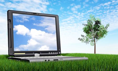 laptop computer on the grass outdoors with a blue sky in the background