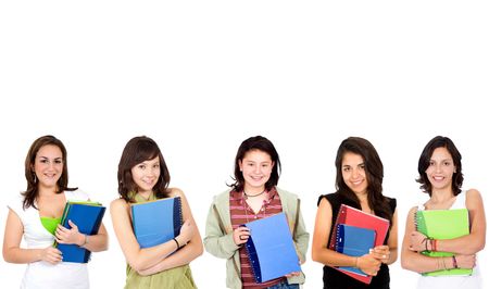 casual female students holding some notebooks, isolated