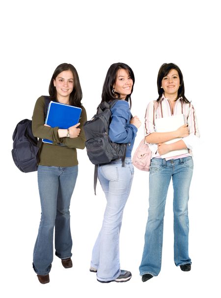group of fullbody female students isolated over white,