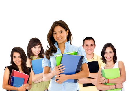 student smiling carrying notebooks isolated over white background