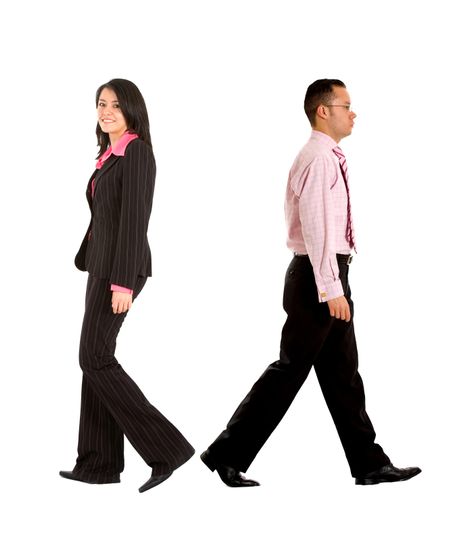 Business couple walking away isolated over white