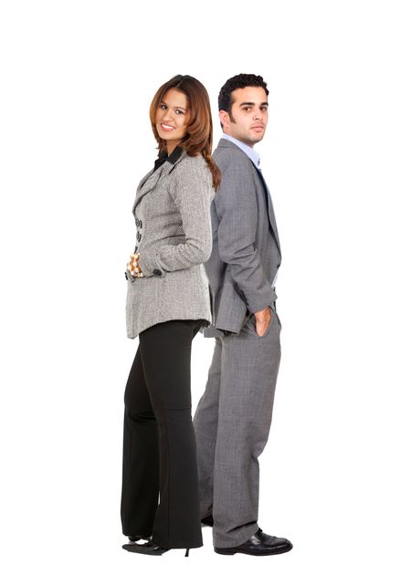 Business couple standing isolated over a white background