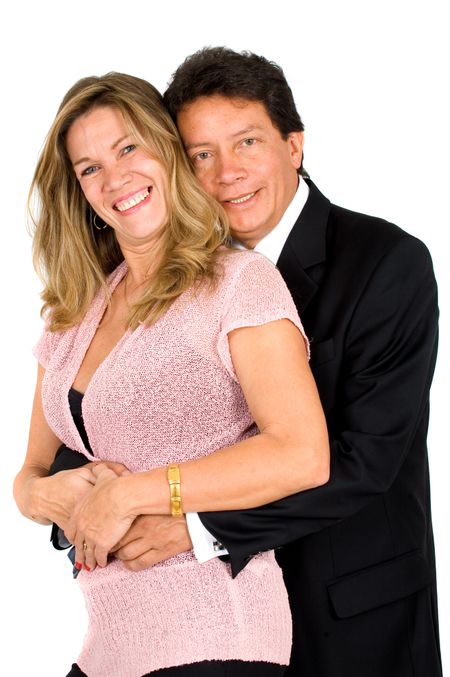 business couple portrait where both are happy and smiling - isolated over a white background