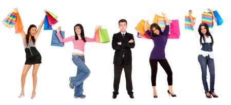 Frustrated business man amongst female shoppers isolated