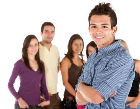 Casual man portrait in front of a group isolated