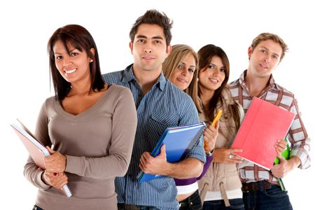 Group of students holding notebooks isolated over white